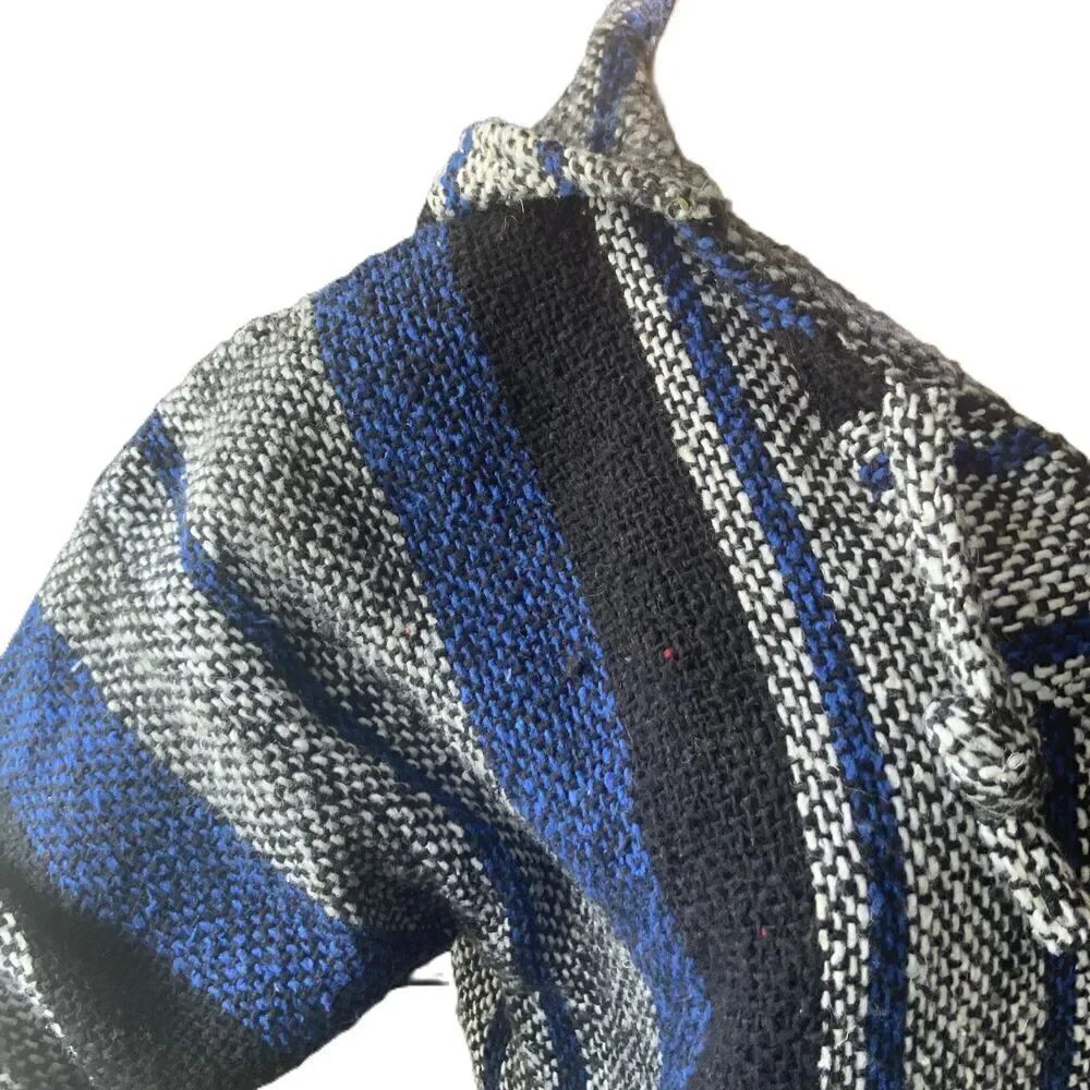 Roxy Blue Striped Hooded Drawstring Baja Sweater Indie Aesthetic Unisex Size Med